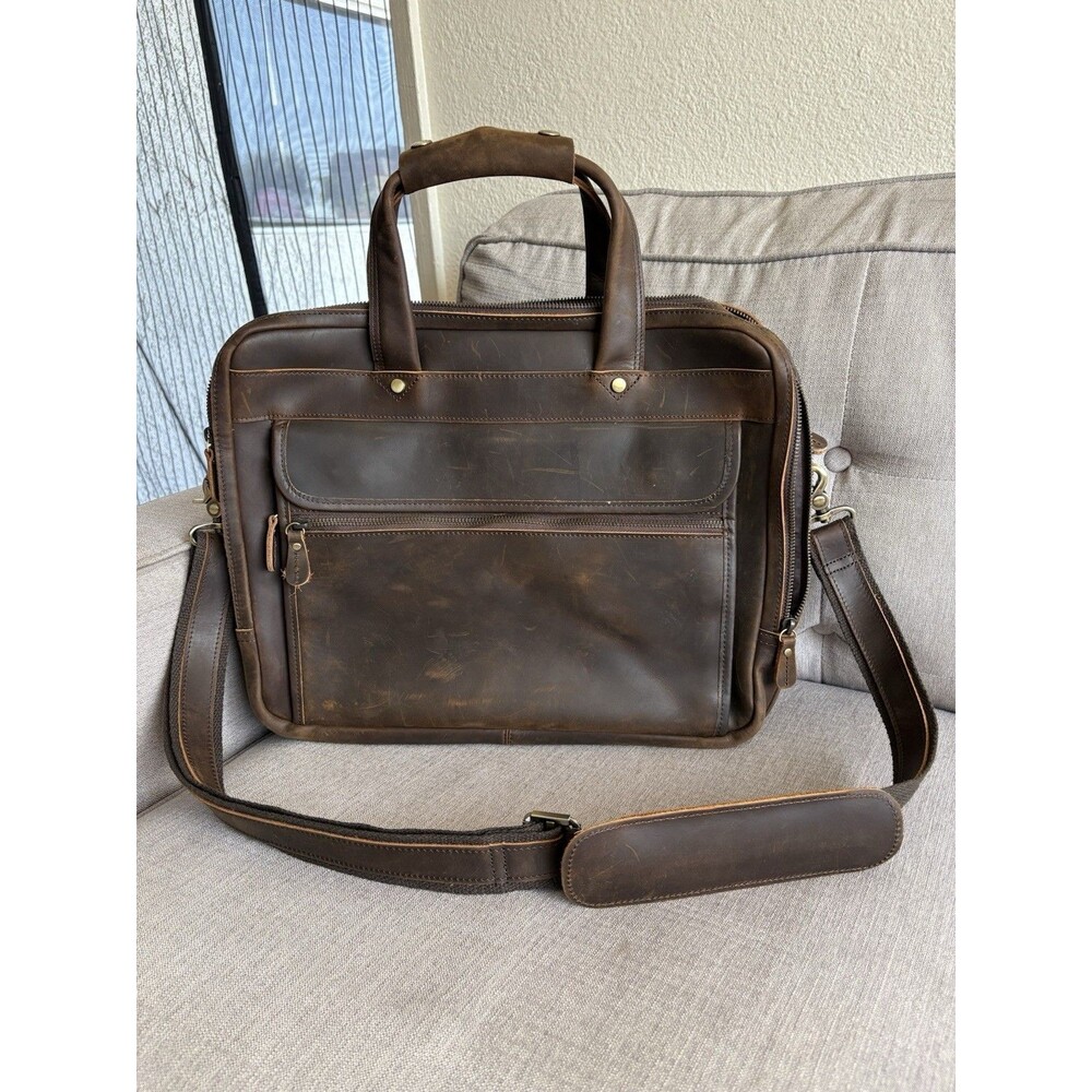 16" Dual Compartment Laptop Full Grain Leather Bag Men’s Briefcase Brown NWOT